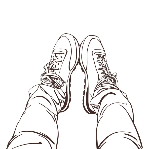 Ескіз Селфі Ніг Кросівок Взуття Щільні Джинси Вид Зверху Лінійний — стоковий вектор