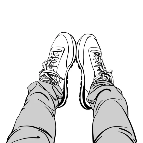 Sketch Selfie Feet Sneaker Shoes Tight Jeans Top View Line — Stock Vector