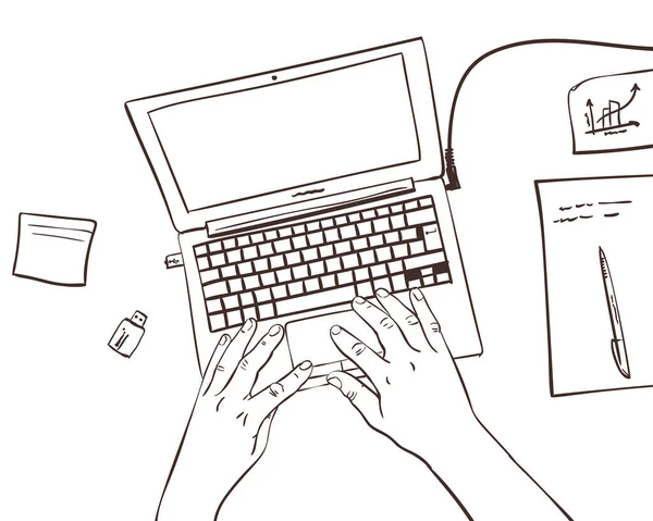 컴퓨터와 위에서 보이는 손으로 장소를 스케치 스타일의 배경에 — 스톡 벡터
