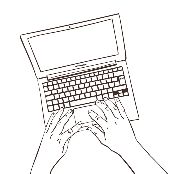 Векторний Ескіз Рук Працюють Ноутбуці Зверху Ізольовано Рука Стилю Лінії — стоковий вектор