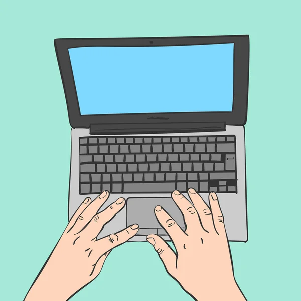 Vektor Färgad Skiss Händer Som Arbetar Laptop Isolerad Hand Dras — Stock vektor