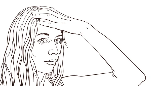 Szkic Kobiety Trzyma Głowę Ręku Selfie Obraz Ręcznie Rysowane Linii — Wektor stockowy