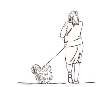 Yaşlı kadın köpeğini gezdiriyor, el çizimi çizimi, vektör çizimi beyaz arka planda izole edilmiş.