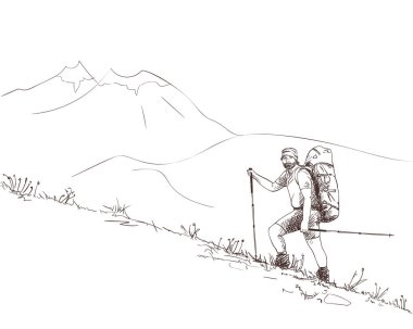 Yaban sırtında büyük bir sırt çantasıyla dağın tepesine doğru giden bir adamın çizimi. El çizimi vektör çizimi.