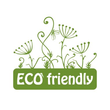 Üzerinde yeşil afiş ile çevre dostu ve el yazısıyla süslenmiş küçük karınca, Vector eko tasarım şablonu beyaz üzerine izole