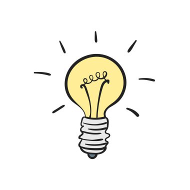 Karikatür ampul ikonu fikri, el çizimi illüstrasyon beyaz üzerine izole