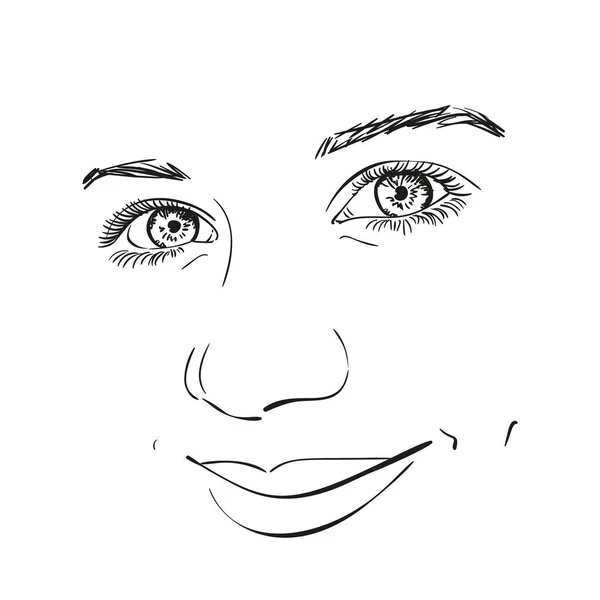 Обличчя Красивої Усміхненої Щасливої Дівчини Векторний Ескіз Намальована Рука Ілюстрація — стоковий вектор