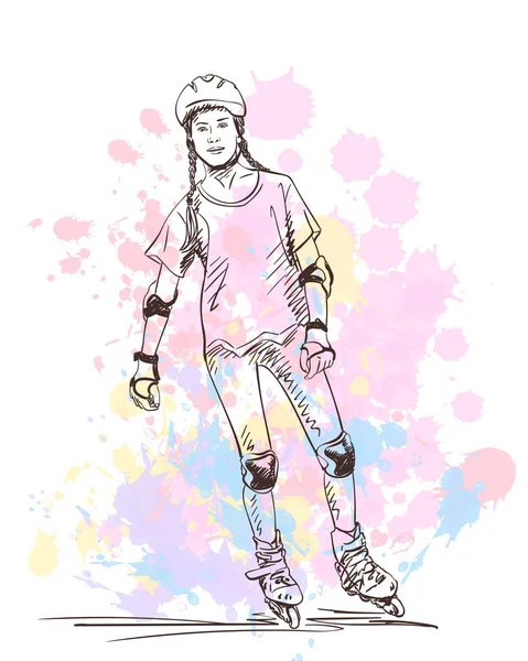 Bosquejo Chica Adolescente Patines Patinaje Aislado Fondo Manchas Acuarela Ilustración — Vector de stock