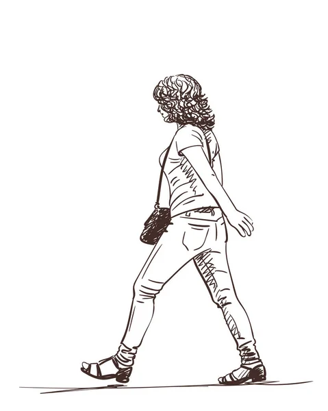 Ручной Рисунок Женщина Обтягивающих Джинсах Ходить Широкие Шаги Векторный Эскиз — стоковый вектор