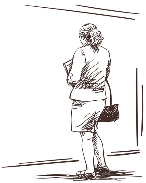 Ilustração Desenhada Mão Mulher Terno Negócios Saia Lado Parede Branco — Vetor de Stock