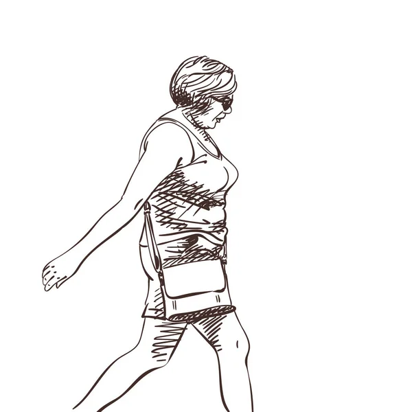手描き脂肪女性で大きな胸でタイト夏服歩く広いステップ ベクトルスケッチ隔離された白い背景 — ストックベクタ