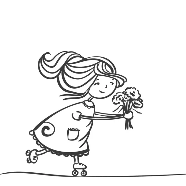 Vector Doodle Menina Vestido Verão Rolando Patins Segurando Buquê Flores — Vetor de Stock