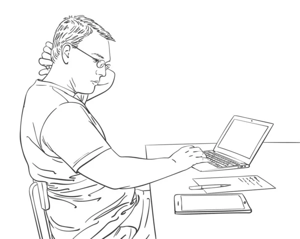 Skica Muže Pracující Notebookem Kancelářském Stole Tabletem Poznámkovým Papírem Ručně — Stockový vektor