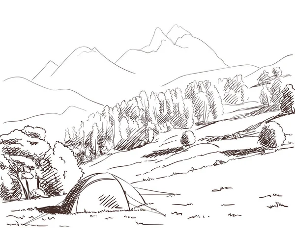 Croquis Tente Dans Nature Sauvage Avec Paysage Montagne Sur Fond — Image vectorielle