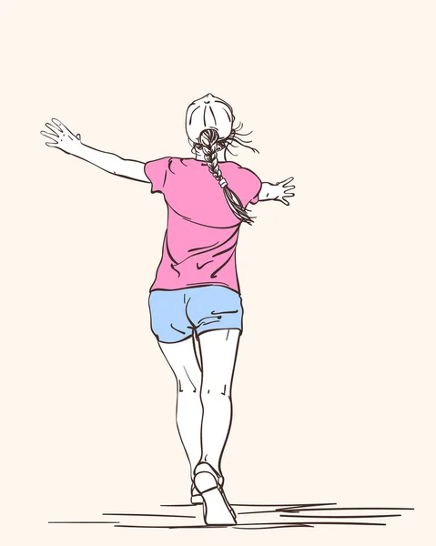 Векторний Ескіз Дівчини Літньому Одязі Довгим Хвостом Працює Розтягнутими Руками — стоковий вектор