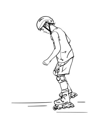 Paten kaymayı öğrenen çocuğun çizimi, beyaz arkaplanda izole edilmiş el çizimi vektör doğrusal çizimi