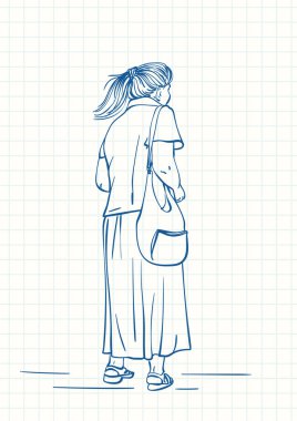 Uzun etekli, at kuyruklu bir kadın, kare kareli defter sayfasında mavi kalem çizimi, el çizimi vektör çizimi çizimi.