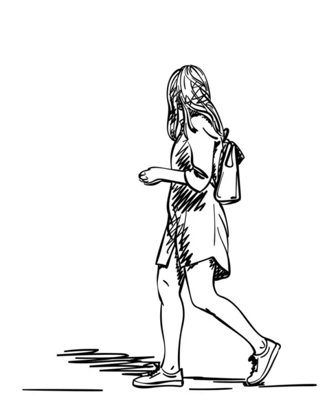 夏のドレスを歩くと離れて見て女性の手描きイラスト 白地に隔離されたベクトルスケッチ 側面からの眺め — ストックベクタ