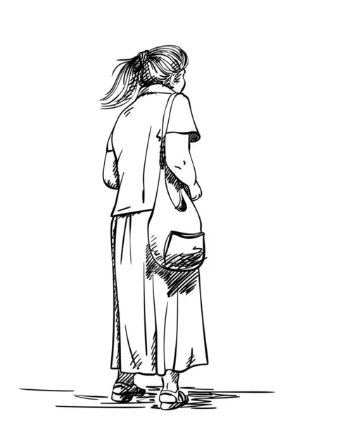 長いスカートの中に立つ老女のスケッチ ポニーテールの髪 手描きベクトルイラスト 後ろからの眺め — ストックベクタ