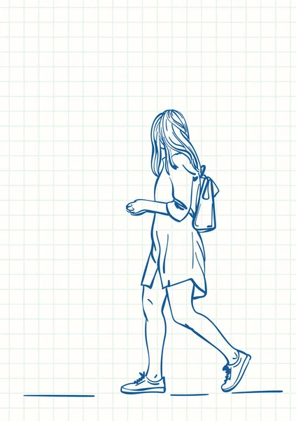 Mujer Vestido Verano Caminando Mirando Hacia Otro Lado Dibujo Pluma — Vector de stock