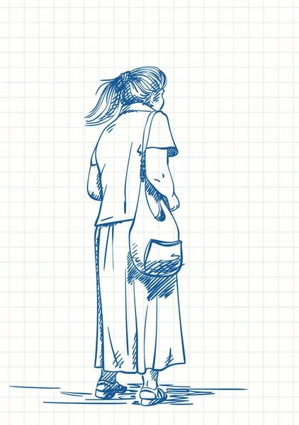 站在长裙上的老年妇女 留着马尾辫 蓝笔画在方格笔记本页上 手绘矢量图解 — 图库矢量图片