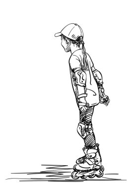 Paten kaymayı öğrenen kız çizimi, beyaz arka planda izole edilmiş el çizimi vektör çizimi