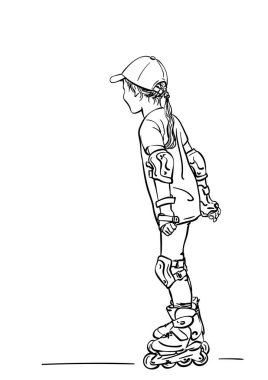 Paten kaymayı öğrenen kız çizimi, beyaz arkaplanda izole edilmiş el çizimi vektör doğrusal çizimi