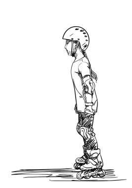 Paten kaymayı öğrenen küçük kızın çizimi, beyaz arka planda izole edilmiş el çizimi vektör çizimi.