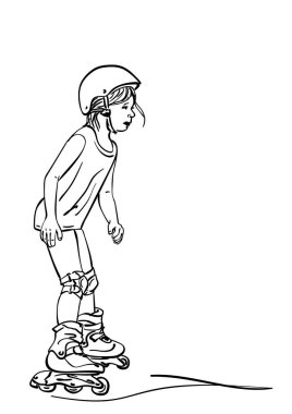 Paten kaymayı öğrenen küçük kızın robot resmi, beyaz arka planda izole edilmiş vektör doğrusal çizimi.