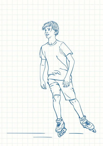 滑旱冰上的少年少年 方格笔记本页上的蓝笔画 手绘矢量线画 — 图库矢量图片