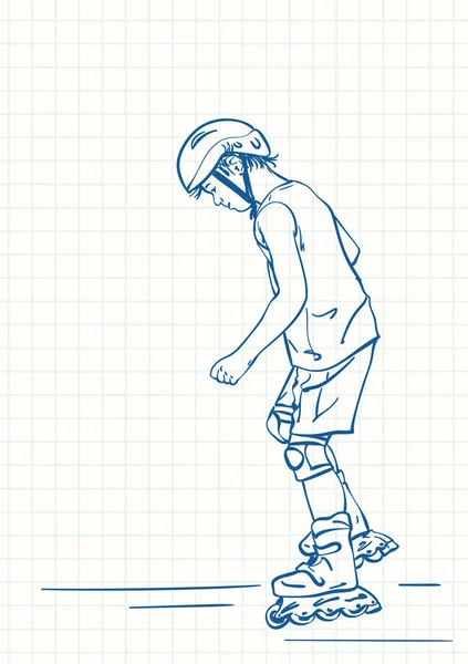 男孩学习在滚子上滑冰 蓝笔画在正方形网格笔记本页上 手绘矢量线形插图 — 图库矢量图片