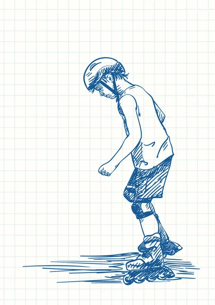 男孩学习滑旱冰 蓝笔画在正方形网格笔记本页上 手绘矢量图解 — 图库矢量图片