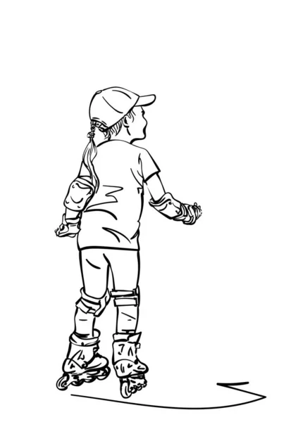 Desenho Menina Aprendendo Patinar Rolos Ilustração Linear Vetorial Desenhada Mão — Vetor de Stock