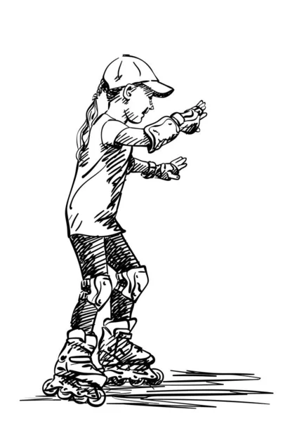 Skizze Eines Mädchens Das Auf Rollen Schlittschuh Laufen Lernt Handgezeichnete — Stockvektor