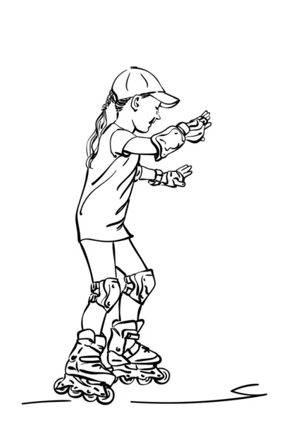 Desenho Menina Aprendendo Patinar Rolos Ilustração Linear Vetorial Desenhada Mão — Vetor de Stock