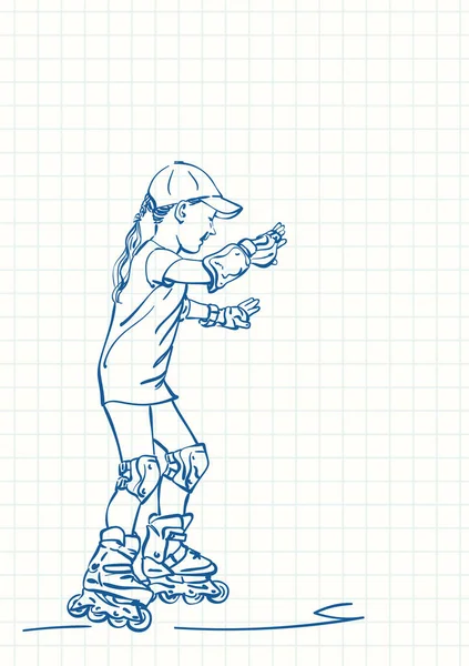 Mädchen Lernen Schlittschuhlaufen Auf Rollen Blaue Federzeichnung Auf Quadratischer Rasterseite — Stockvektor