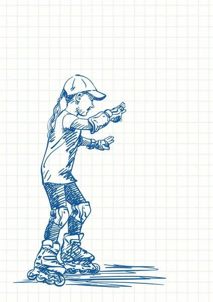 Girl Learning Skate Rollers Blue Pen Skica Square Grid Notebook — Stockový vektor