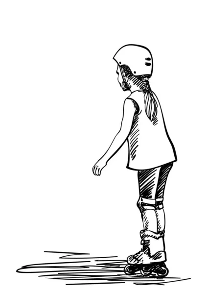 Sketch Little Girl Learning Skate Rollers Hand Drawn Vector Illustration — Stock Vector