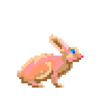 Paskalya tavşanı pikseli beyaz arka planda izole edilmiş vektör çizimi, küçük tavşan manzaralı dijital bilgisayar oyunu pikseli