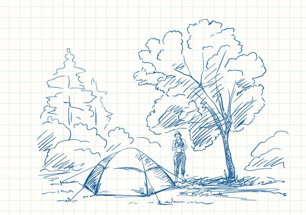 Tält Och Kvinna Campingplatsen Stort Träd Skogen Blå Penna Skiss — Stock vektor