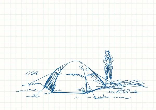 Çadırın Yanında Duran Kadın Turist Kare Çizgili Defter Sayfasında Mavi — Stok Vektör