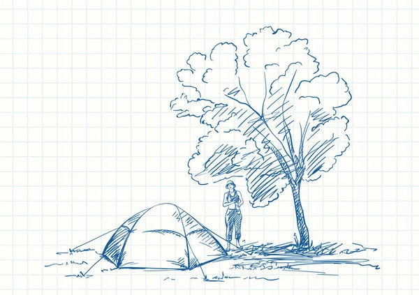 帐篷和女人在大树下的营地 蓝笔画在方格笔记本页上 手绘矢量图解 — 图库矢量图片