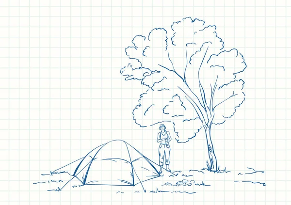 Tienda Mujer Camping Bajo Gran Árbol Dibujo Pluma Azul Página — Vector de stock