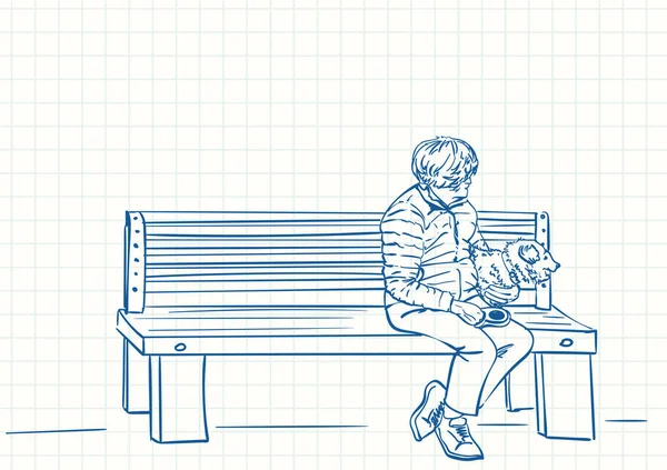 老妇人和她的狗坐在长椅上 蓝笔画在方格的笔记本页上 手绘矢量线形插图 — 图库矢量图片