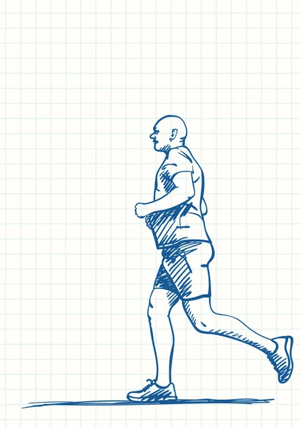 Hombre Corriendo Dibujo Pluma Azul Página Cuadrada Cuaderno Ilustración Vectorial — Archivo Imágenes Vectoriales