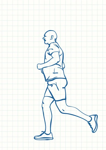 Hombre Corriendo Dibujo Pluma Azul Página Cuadrada Cuaderno Ilustración Lineal — Vector de stock