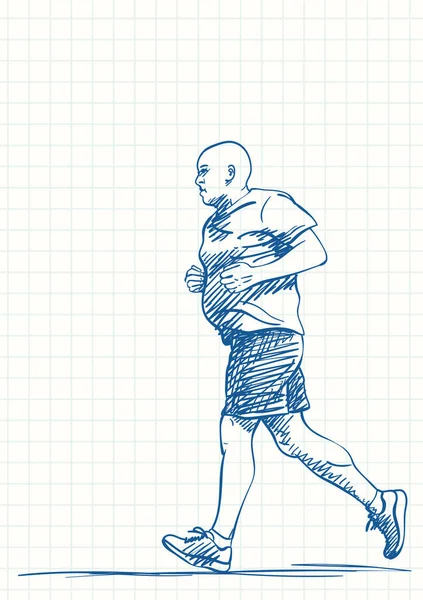 Hombre Corriendo Dibujo Pluma Azul Página Cuadrada Cuaderno Ilustración Vectorial — Vector de stock