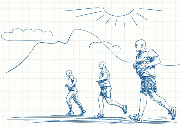 Menschen Laufen Freien Mit Berghintergrund Blaue Federzeichnung Auf Quadratischer Rasterseite — Stockvektor