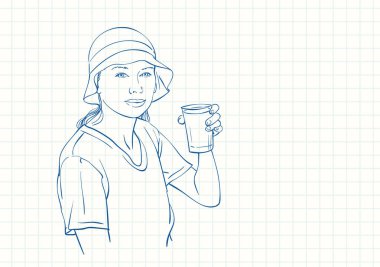 Panama şapkalı düşünceli bir kadın elinde bir bardak meşrubat, kare kareli defter sayfasında mavi kalem çizimi, el çizimi vektör doğrusal çizimi.