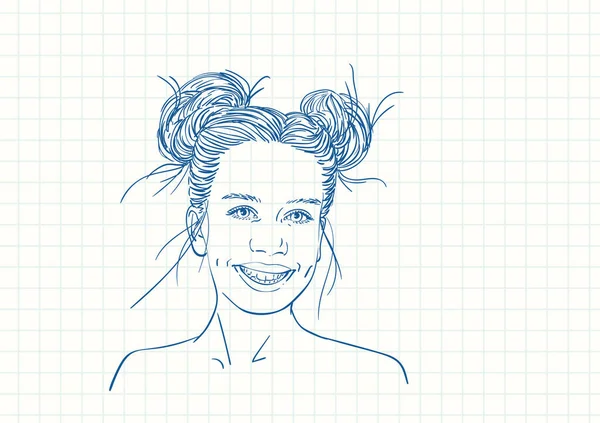 Krásná Usmívající Dospívající Dívka Dvěma Housky Účes Modré Pero Náčrtek — Stockový vektor